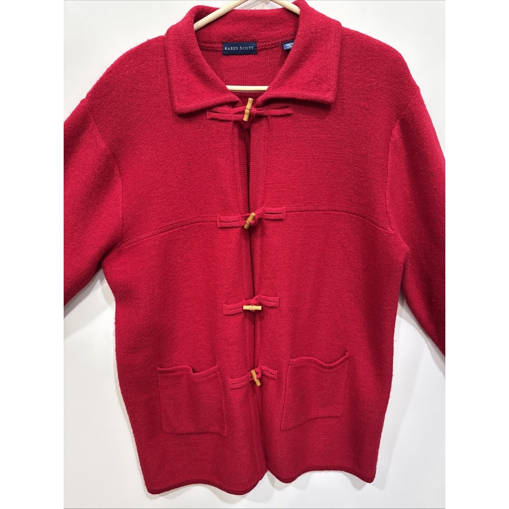 Karen Scott Red 100%‎ Wool Toggle Cardigan Sweater Vintage XL Hong Kong Made